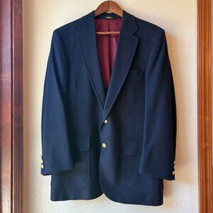 Vintage 100% Pure Wool Navy Blue Blazer Gold Tone Crest Buttons Sz 43R Old Money